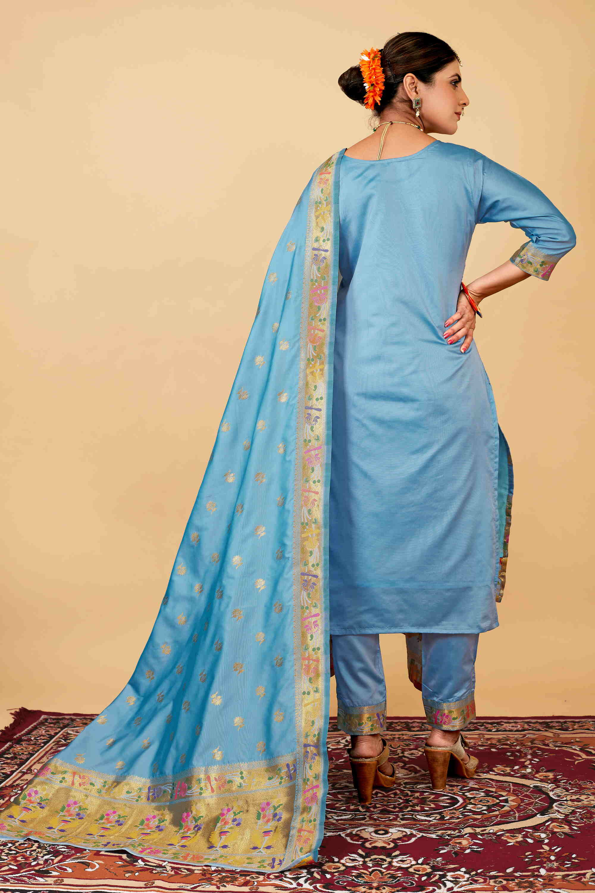 Sky color paithani silk unstitched Suit