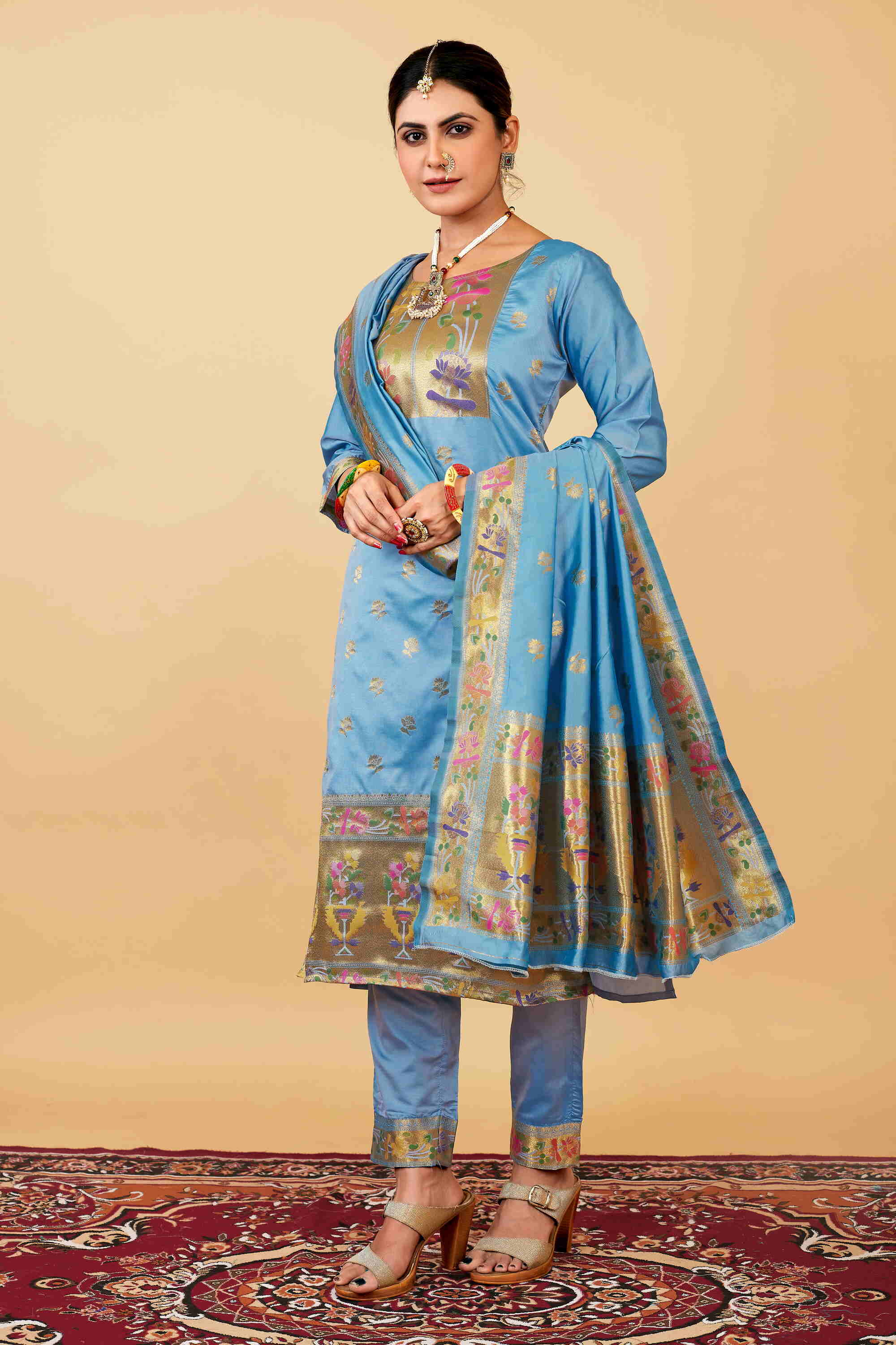 Sky color paithani silk unstitched Suit