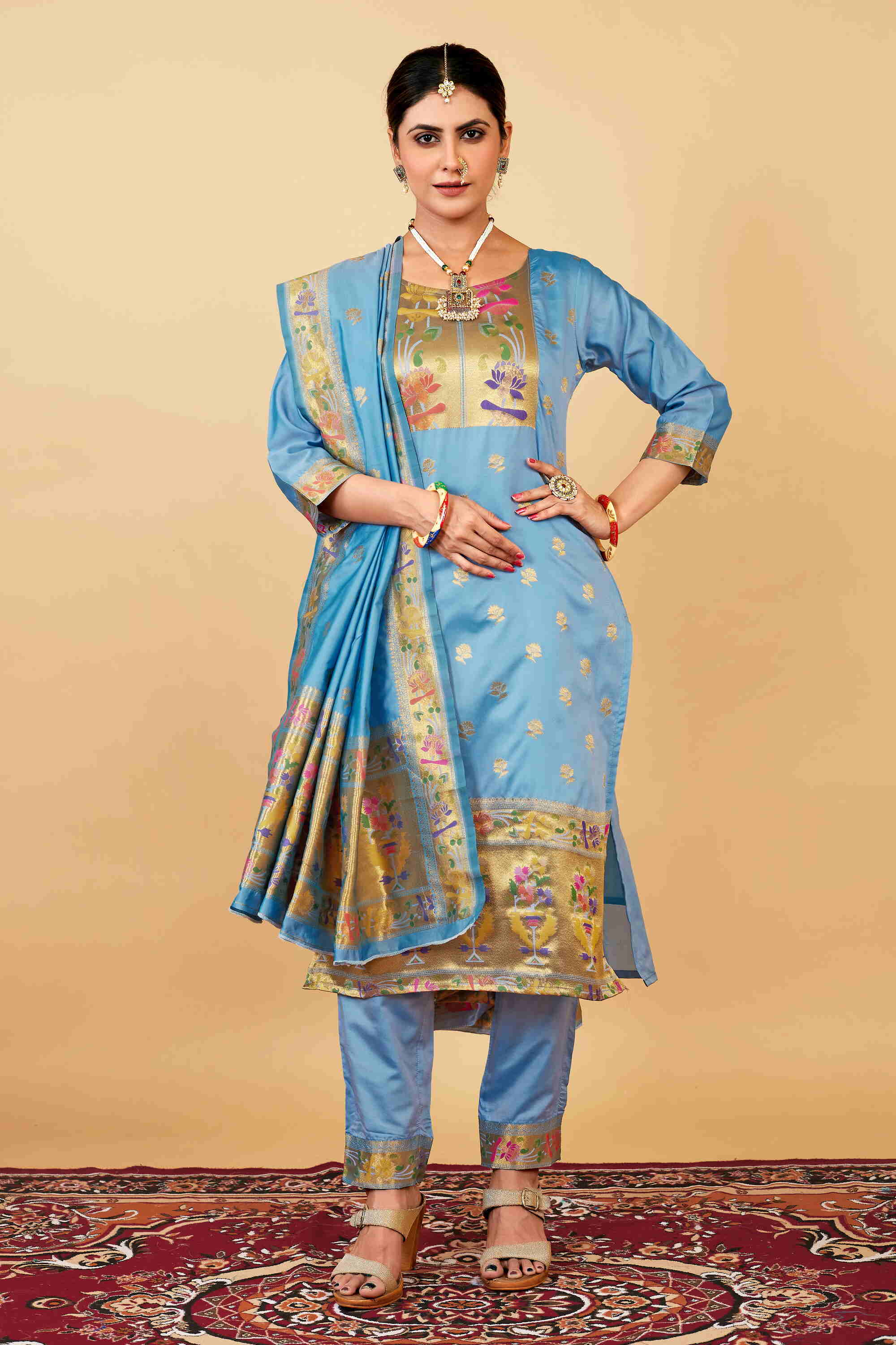 Sky color paithani silk unstitched Suit