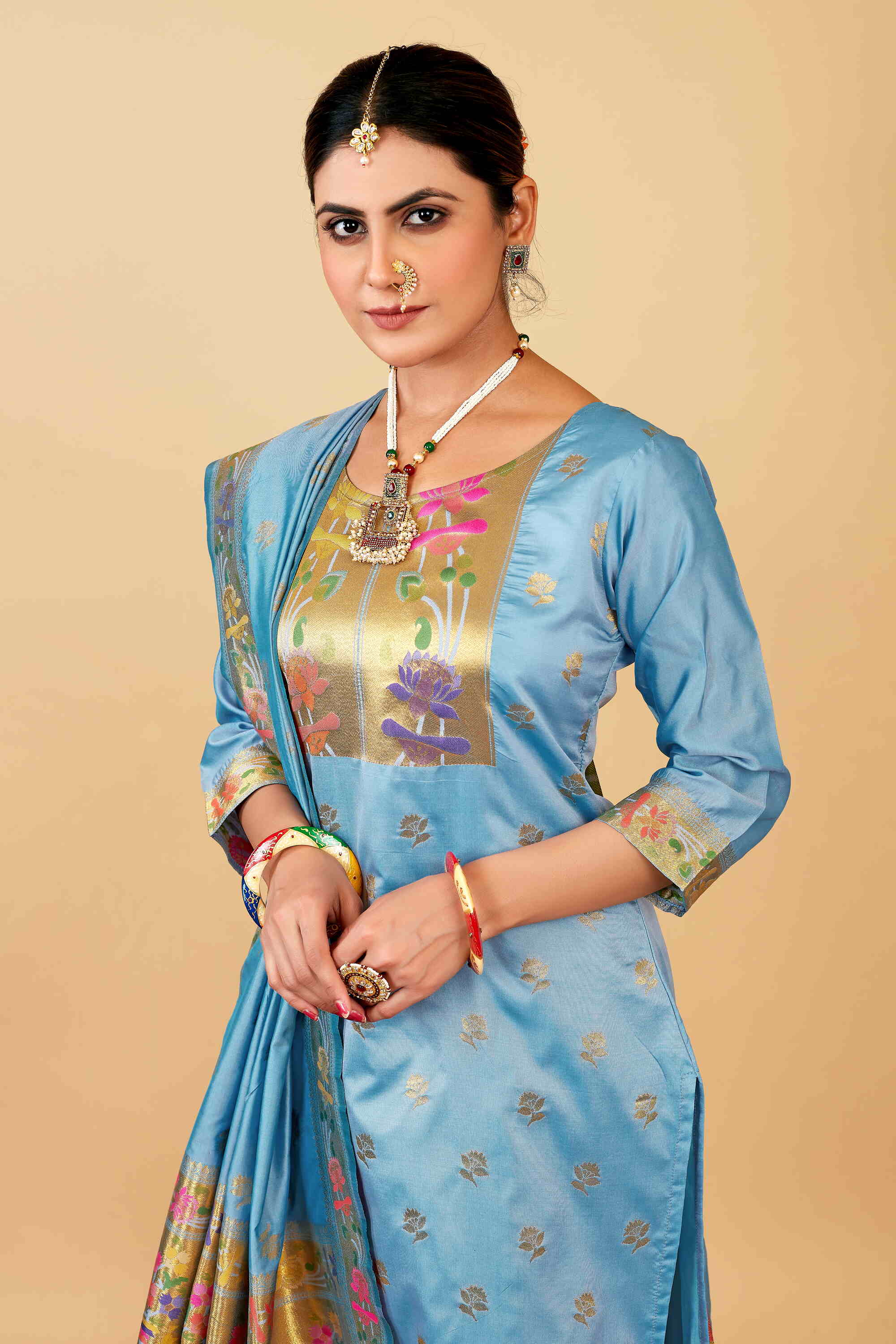 Sky color paithani silk unstitched Suit