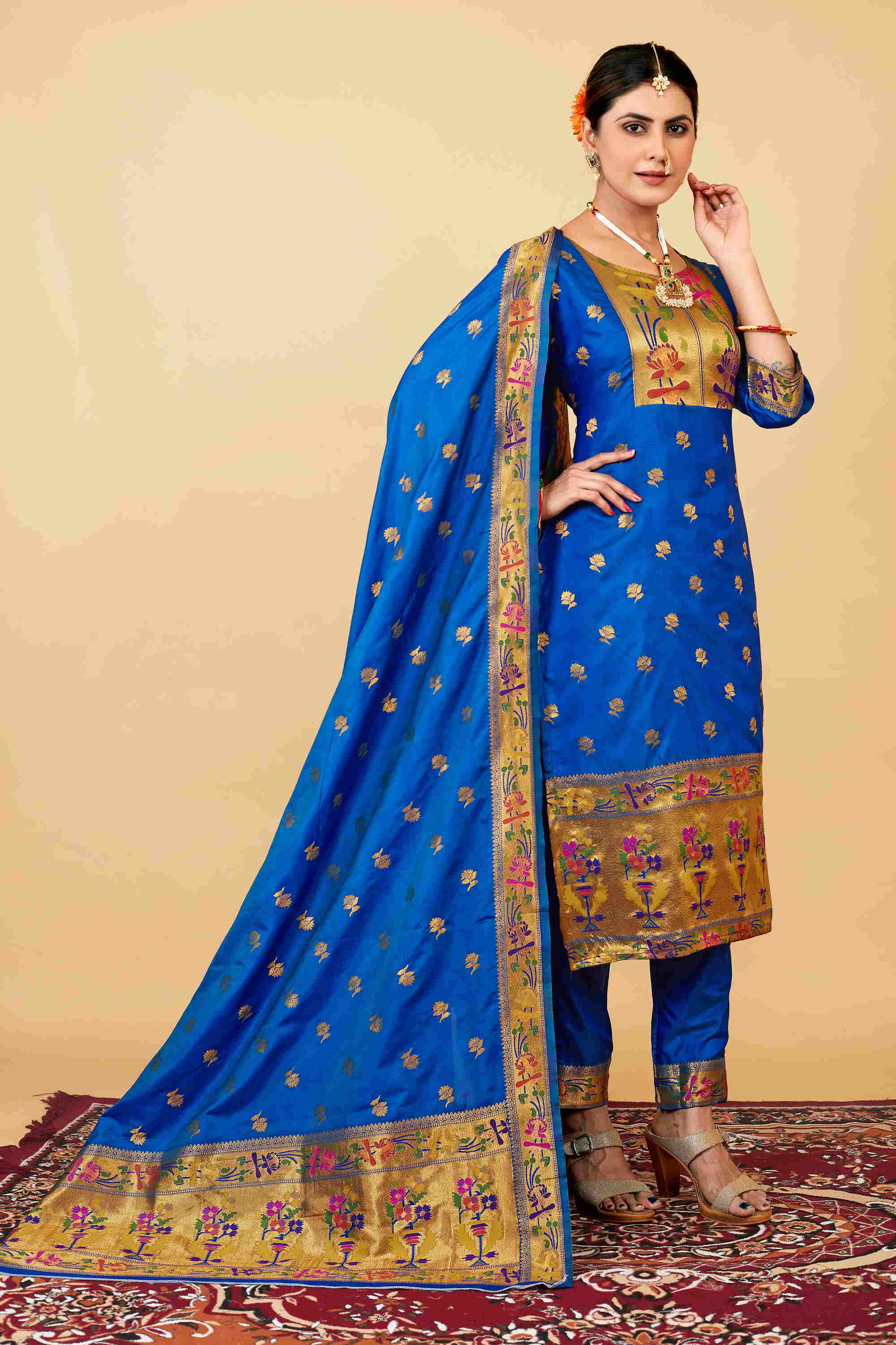 Blue color paithani silk unstitched Suit