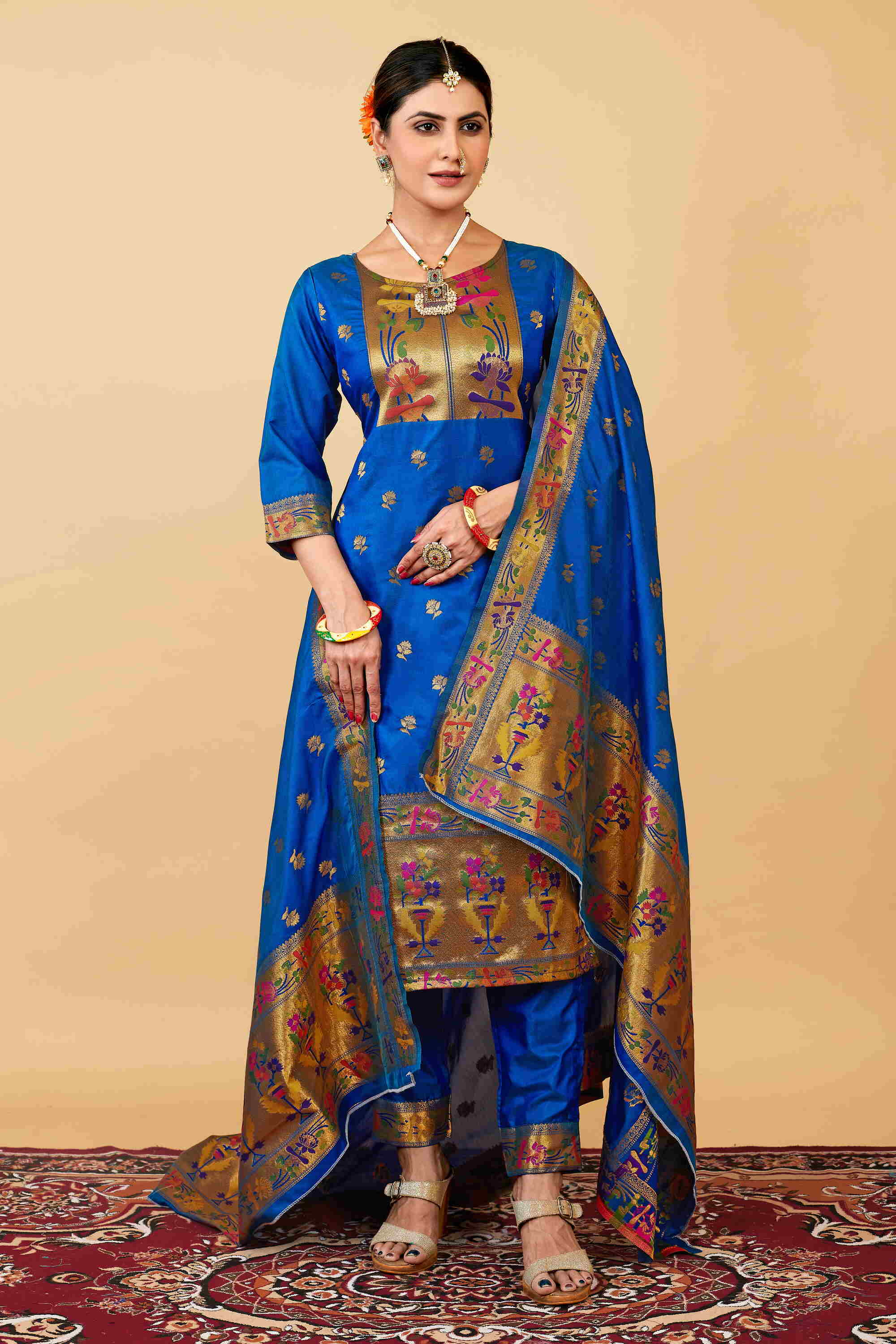 Blue color paithani silk unstitched Suit