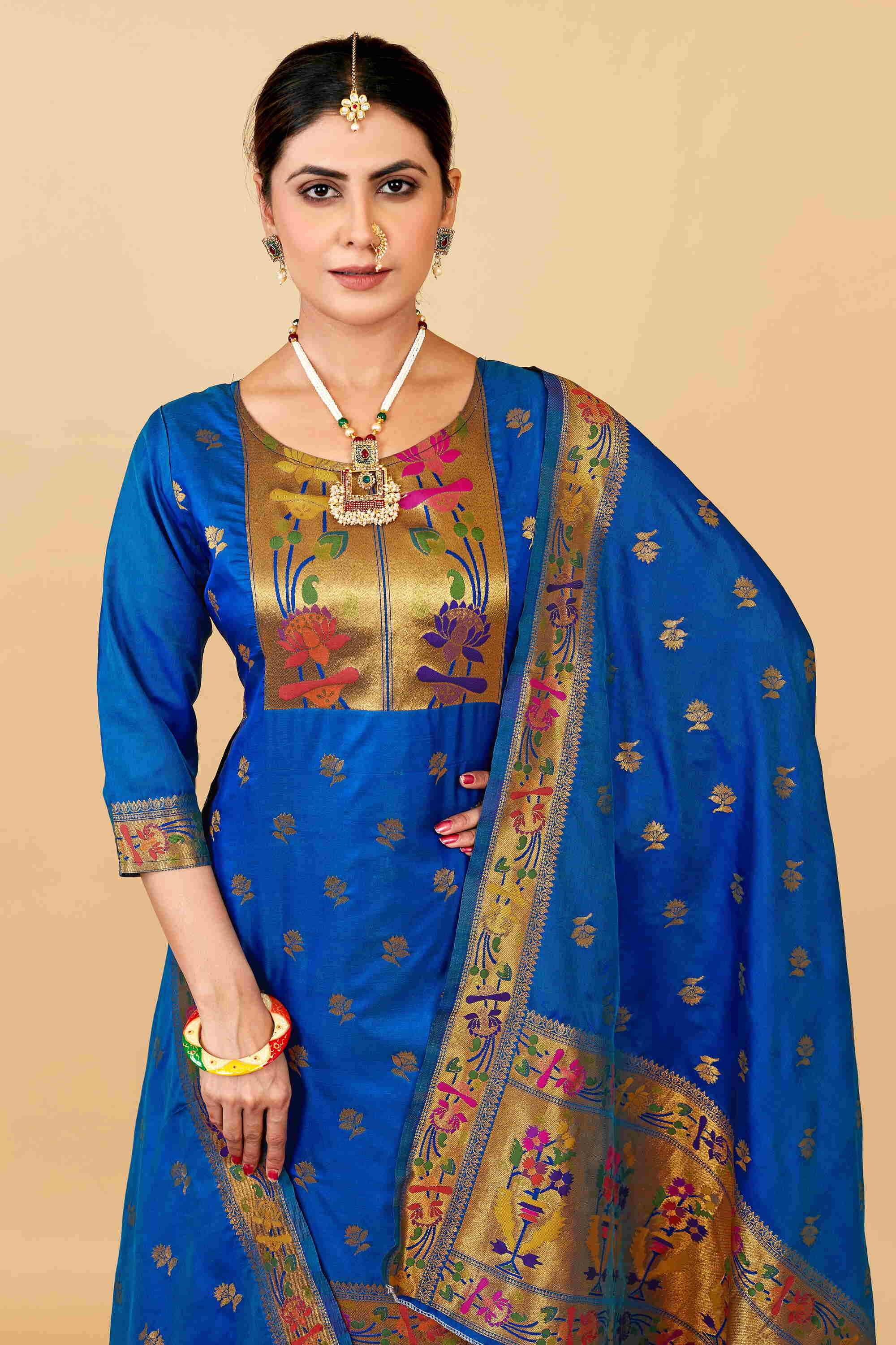 Blue color paithani silk unstitched Suit