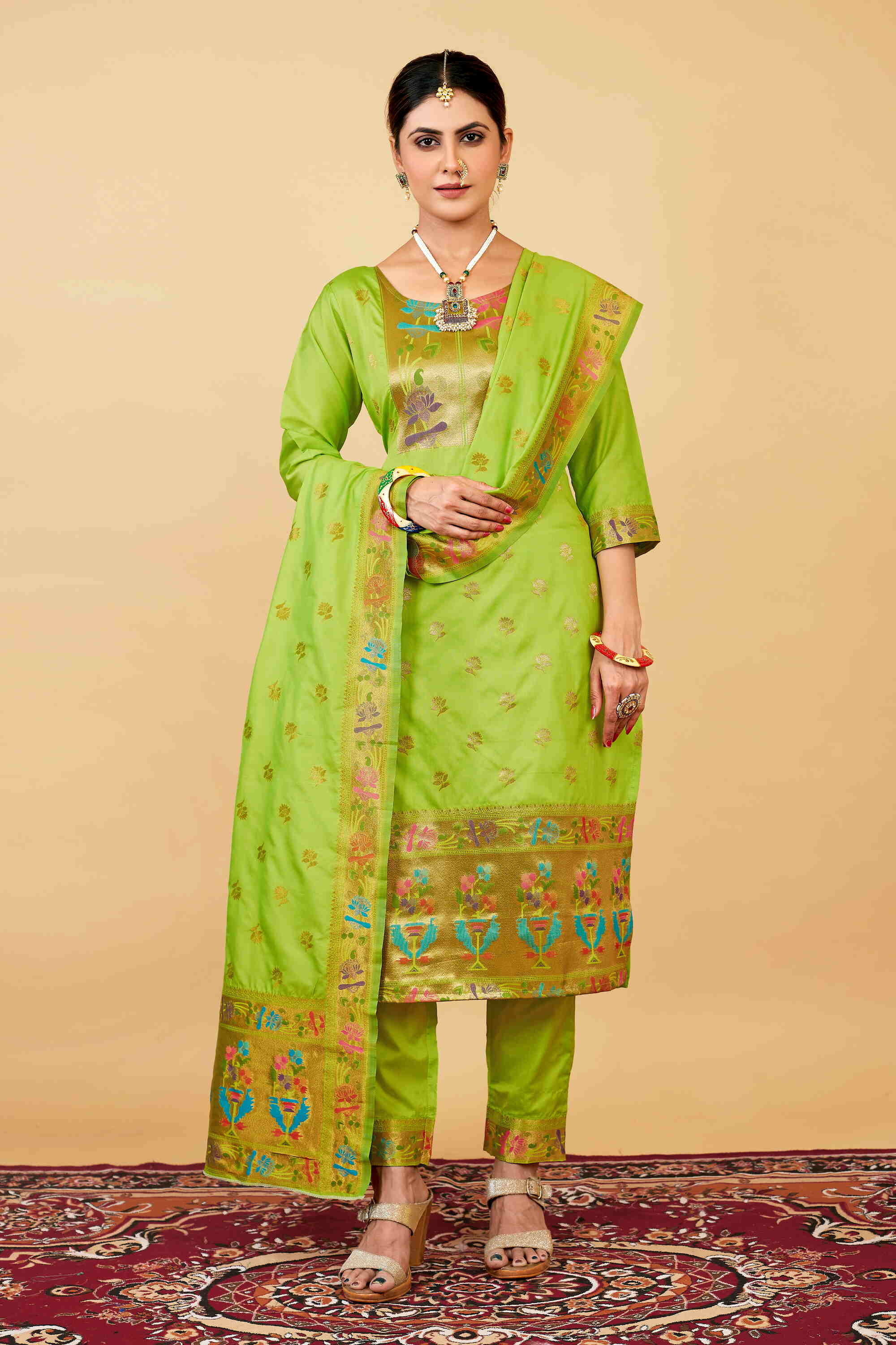 Parrot green color paithani silk unstitched Suit