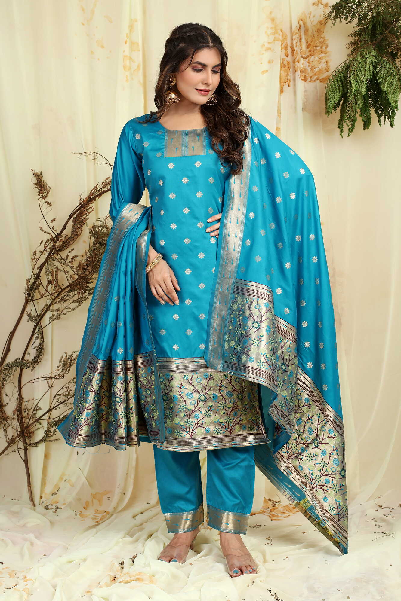 Firoji color paithani silk unstitched Suit [Product Code: 23610]