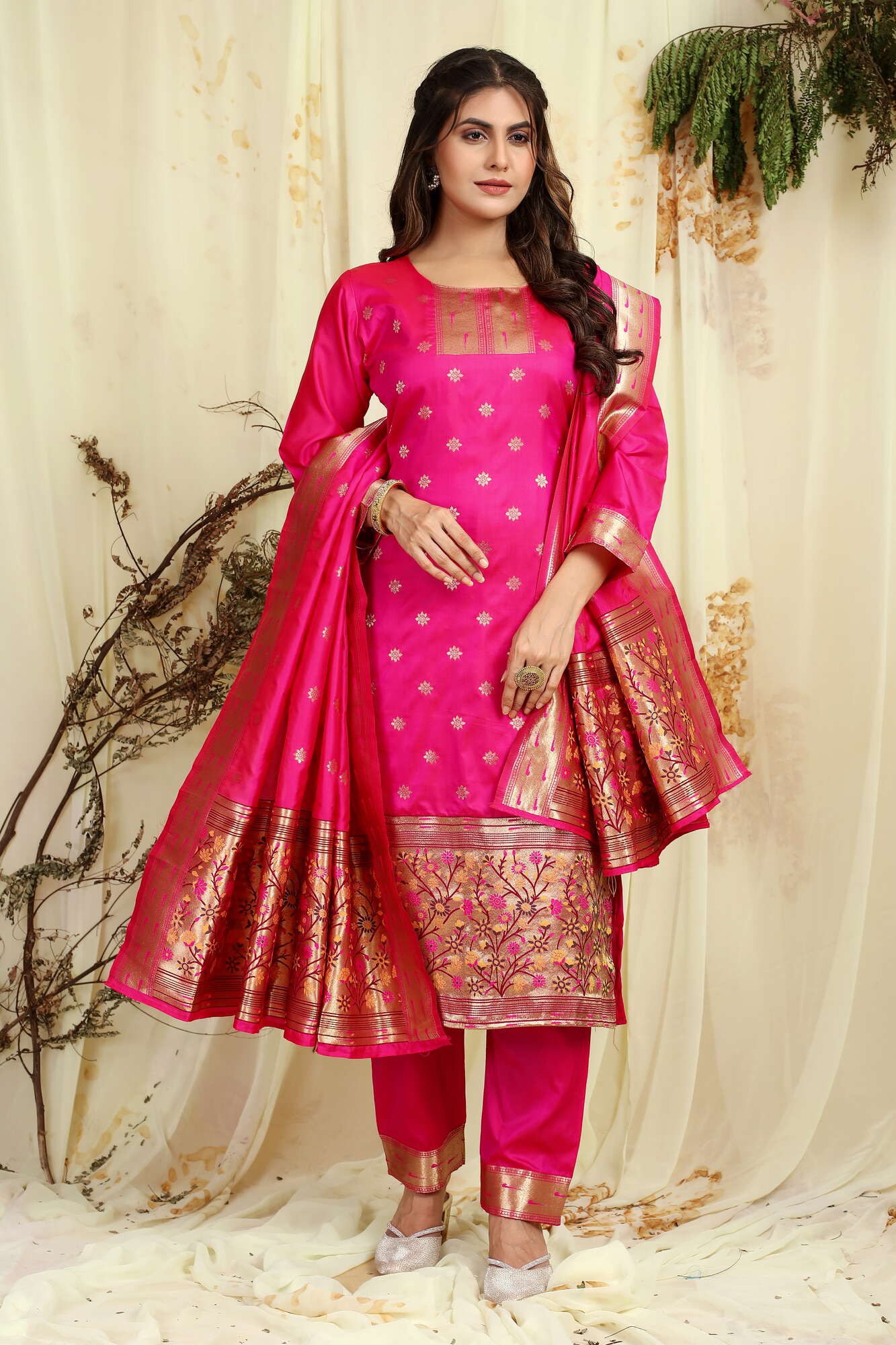 Pink color paithani silk unstitched Suit [Product Code: 23611]