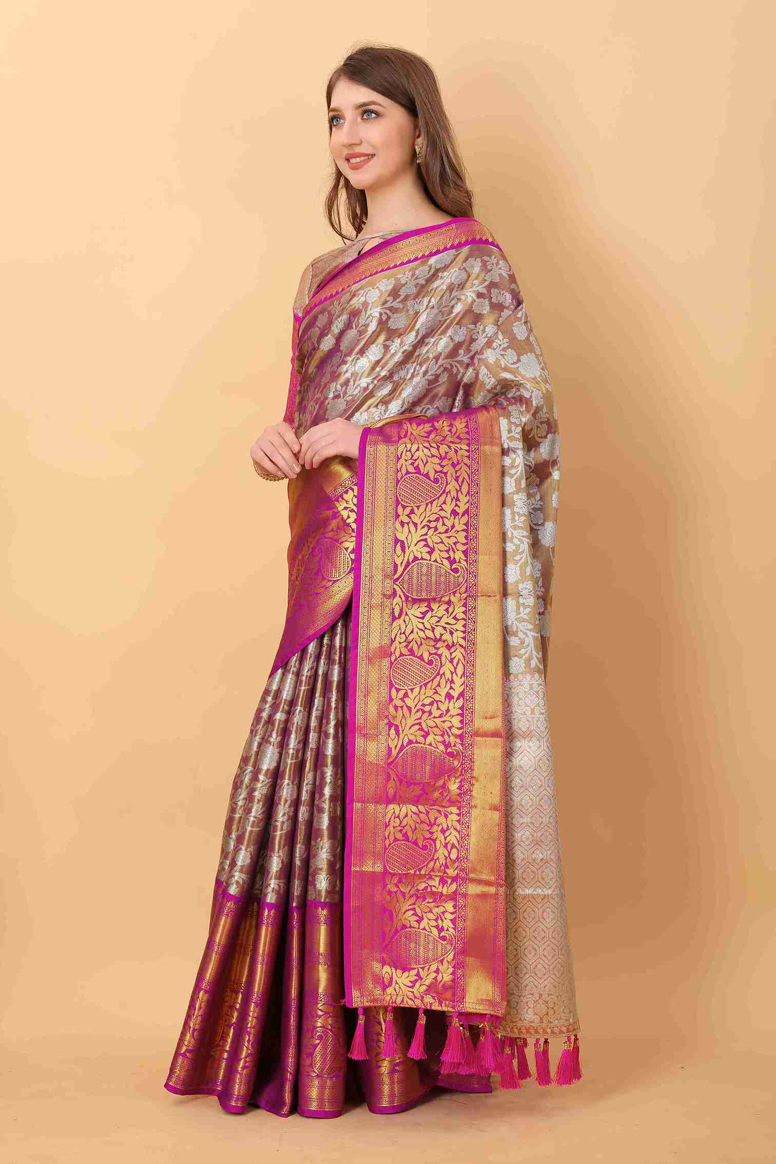 Wine Soft kanjivarm Silk Saree Zari Wooven  Pallu Zari weawing With Blouse Piece