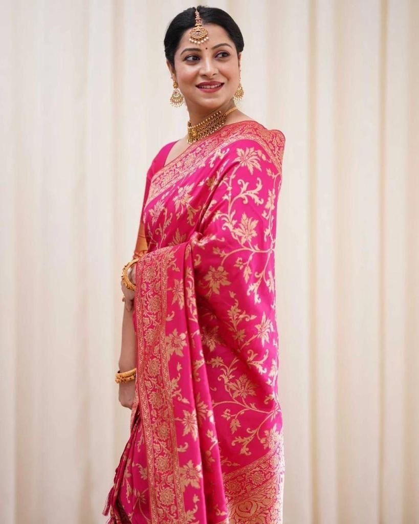 Dark Pink Soft Banarasi Silk Saree With Blouse Piece