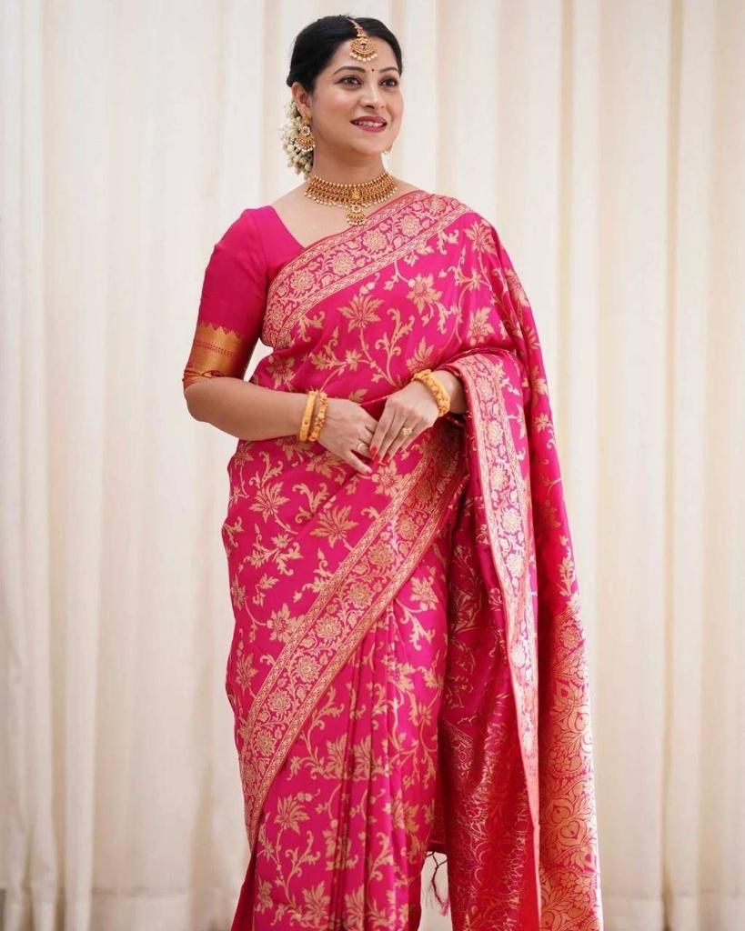 Dark Pink Soft Banarasi Silk Saree With Blouse Piece