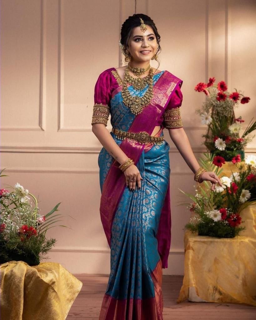 Firozi Banarasi Silk Saree With Imaginative  Blouse Piece