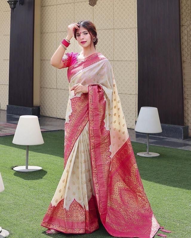 Cream  Banarasi Silk Saree With Blouse Piece