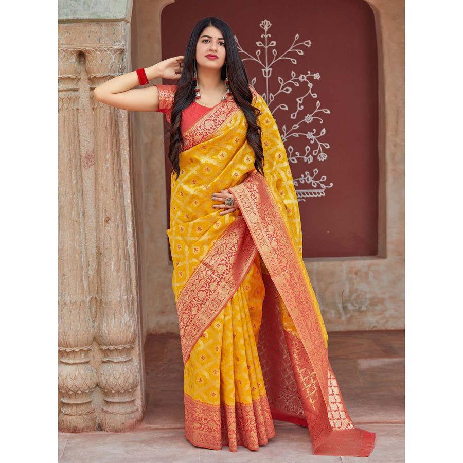 Yellow Soft Banarasi Silk Saree With Blouse Piece