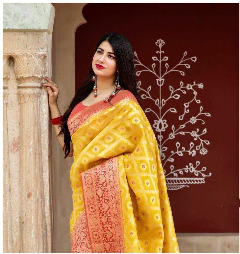 Yellow Soft Banarasi Silk Saree With Blouse Piece