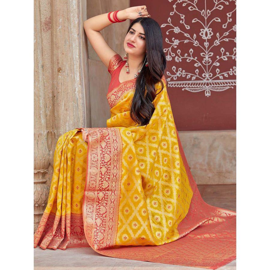 Yellow Soft Banarasi Silk Saree With Blouse Piece