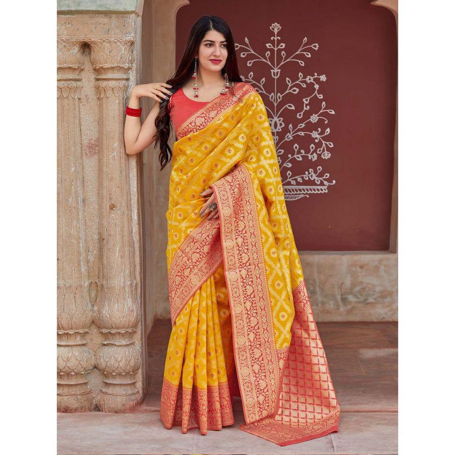 Yellow Soft Banarasi Silk Saree With Blouse Piece