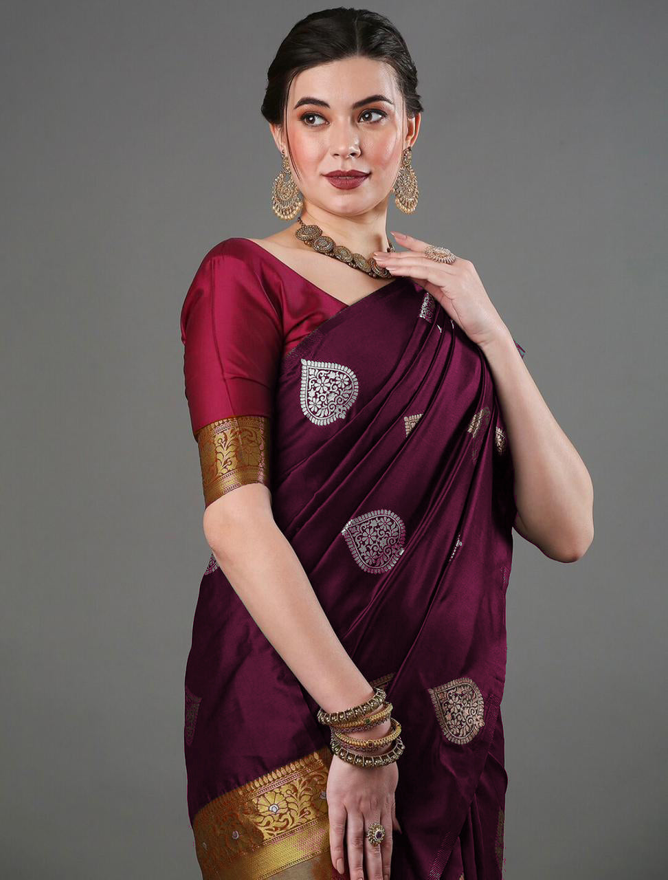 Wine Soft Silk Saree With Brood Blouse Piece