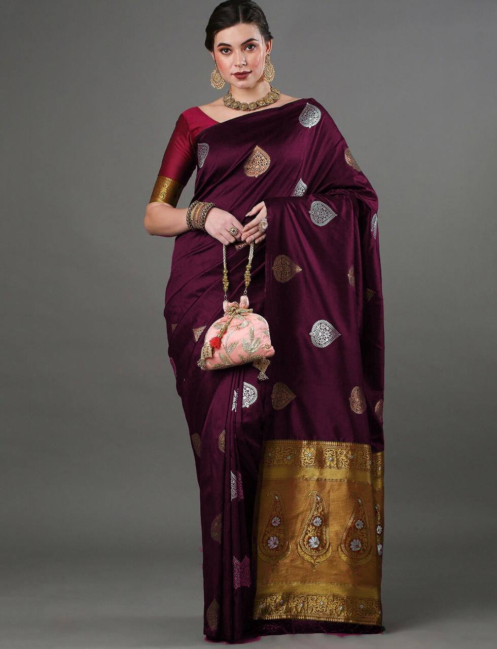 Wine Soft Silk Saree With Brood Blouse Piece