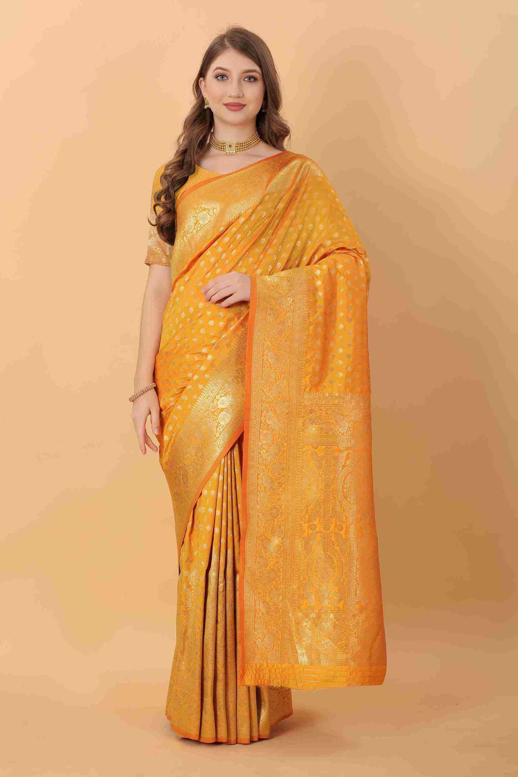 Yellow Soft kanjivarm Silk Saree Zari Wooven  Pallu Zari weawing With Blouse Piece