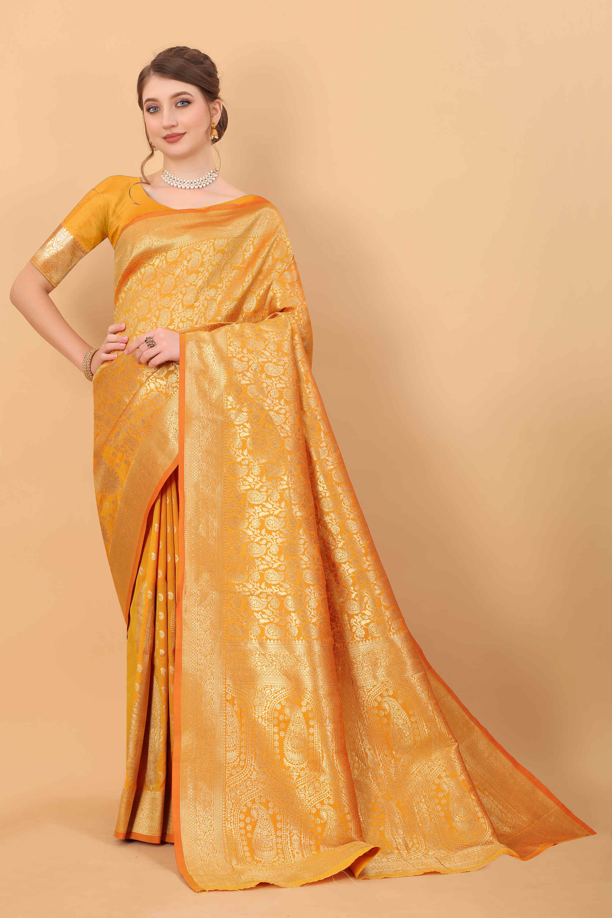 Yellow Soft kanjivarm Silk Saree Zari Wooven  Pallu Zari weawing With Blouse Piece