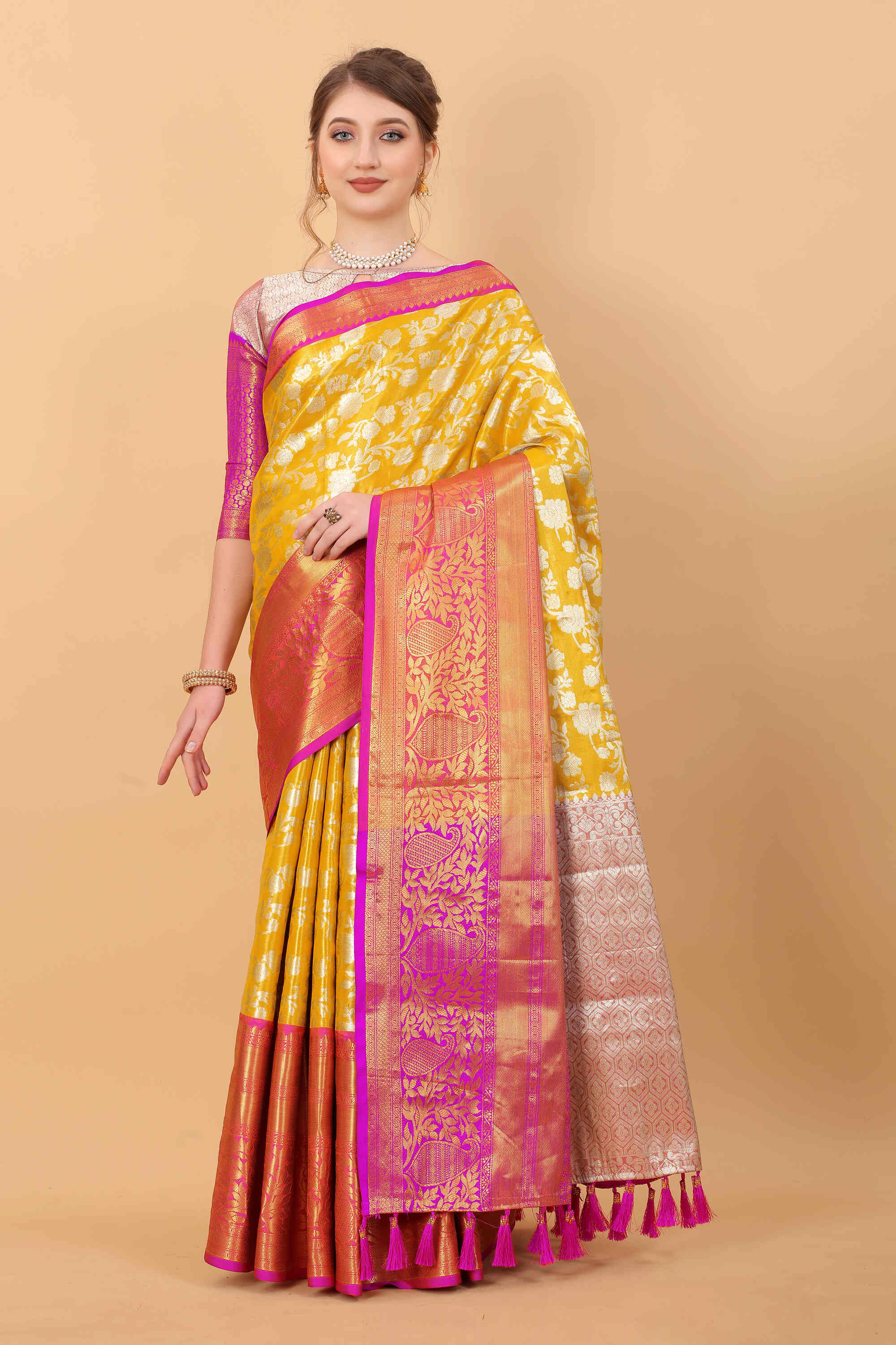 Yellow Soft kanjivarm Silk Saree Zari Wooven  Pallu Zari weawing With Blouse Piece