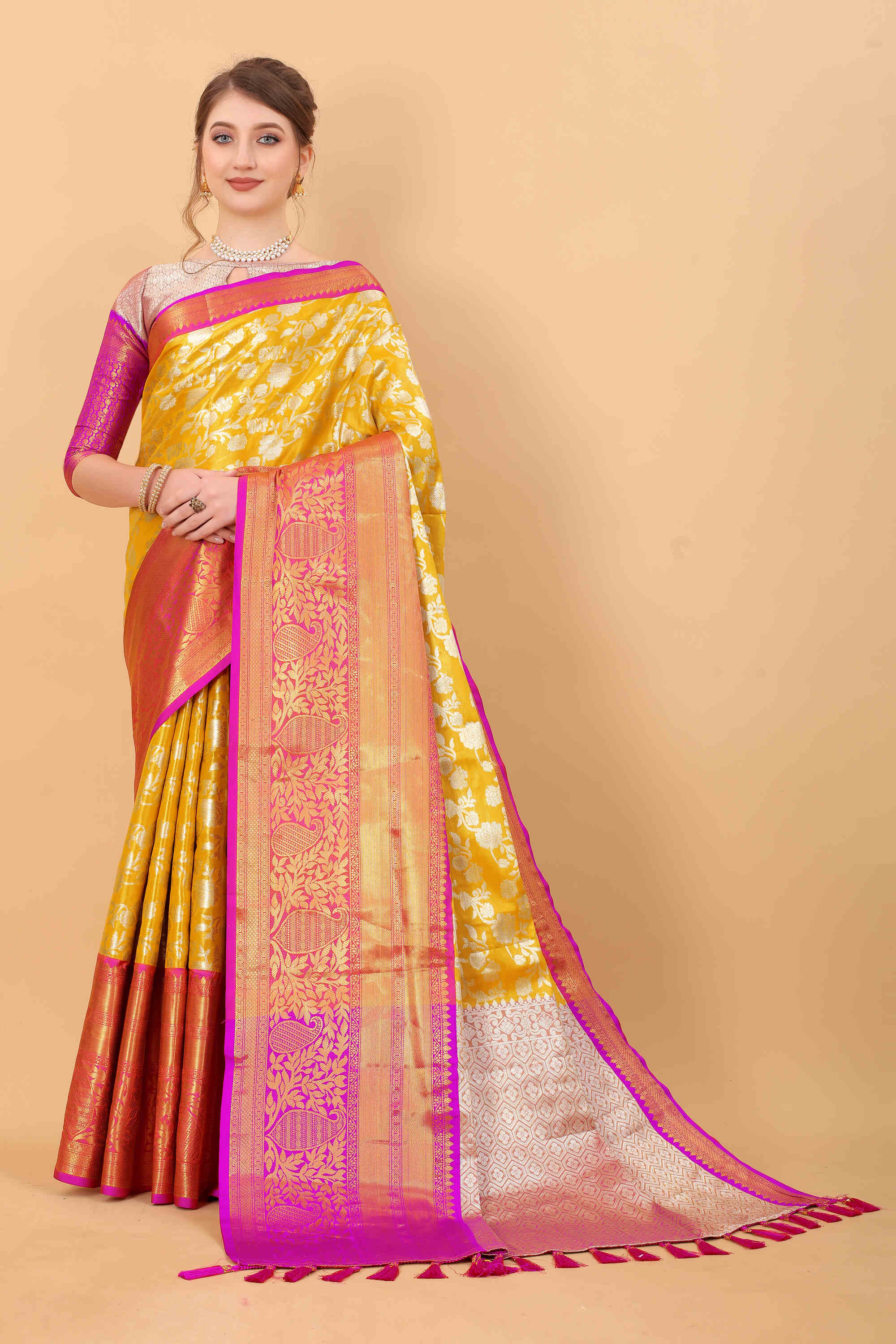 Yellow Soft kanjivarm Silk Saree Zari Wooven  Pallu Zari weawing With Blouse Piece