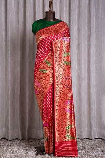 Red Soft Banarasi Silk Saree With Demesne Two Blouse