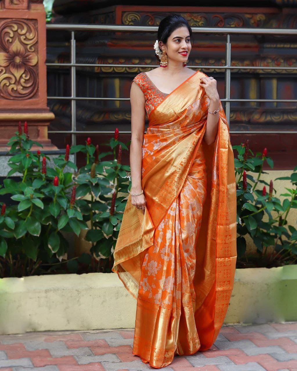 Orange Soft Banarasi Silk Saree With Enchanting Blouse Piece