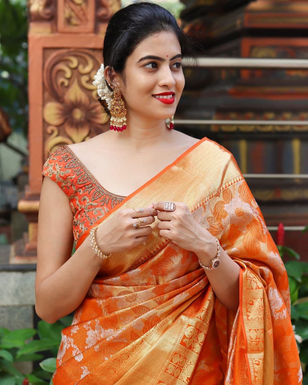 Orange Soft Banarasi Silk Saree With Enchanting Blouse Piece