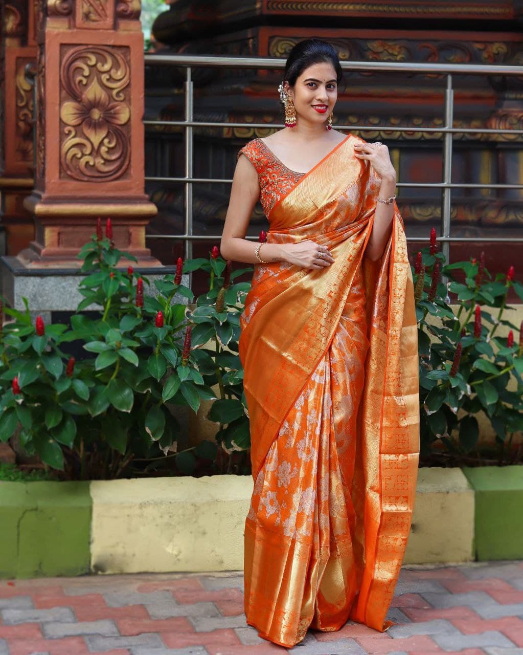 Orange Soft Banarasi Silk Saree With Enchanting Blouse Piece