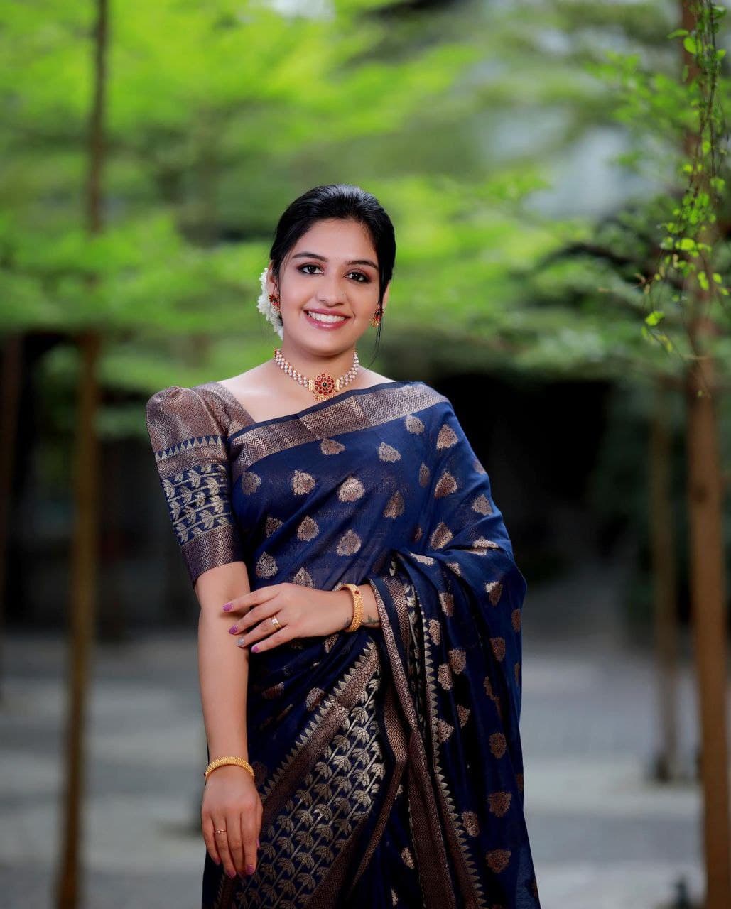 Navy Blue Soft Banarasi Silk Saree With Glowing Blouse Piece