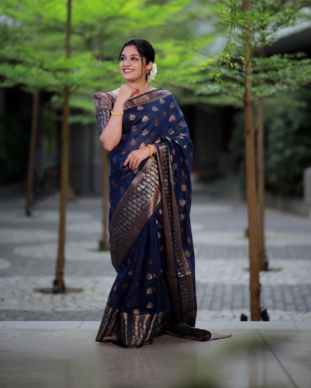 Navy Blue Soft Banarasi Silk Saree With Glowing Blouse Piece