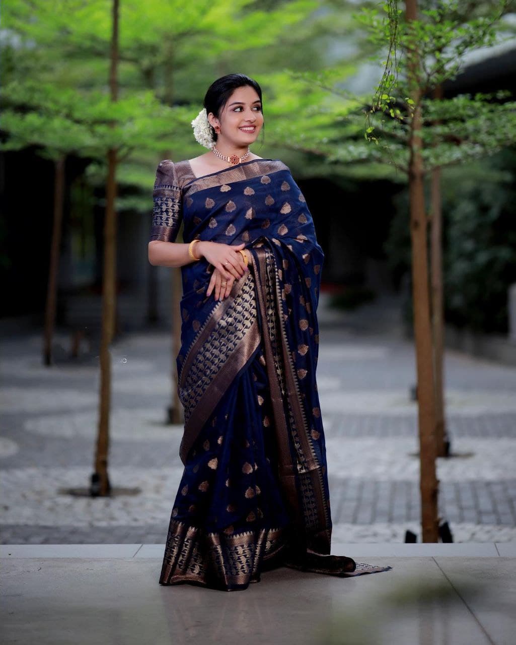 Navy Blue Soft Banarasi Silk Saree With Glowing Blouse Piece