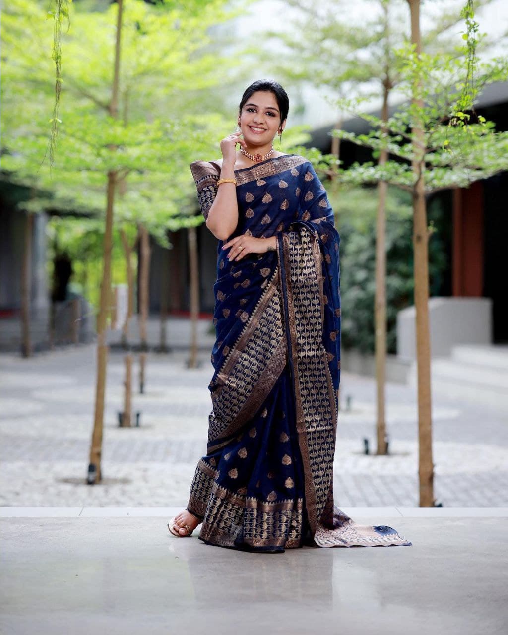 Navy Blue Soft Banarasi Silk Saree With Glowing Blouse Piece