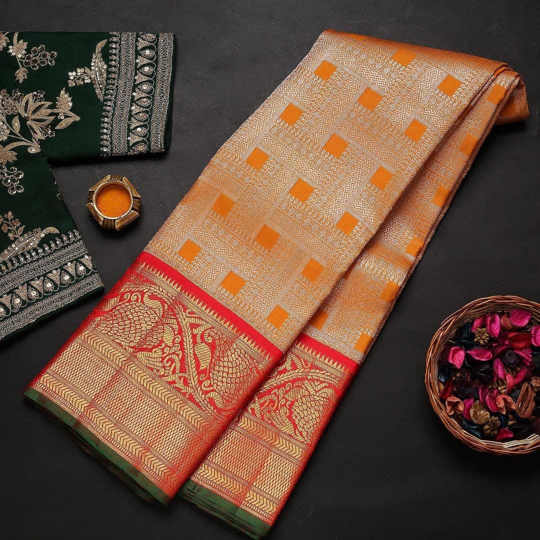 Orange Soft Banarasi Silk Saree With Two Attractive Blouse Piece