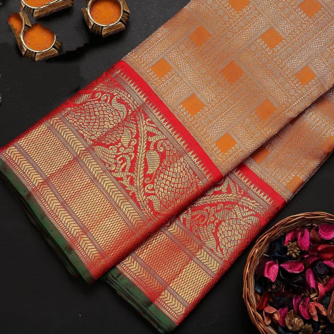 Orange Soft Banarasi Silk Saree With Two Attractive Blouse Piece