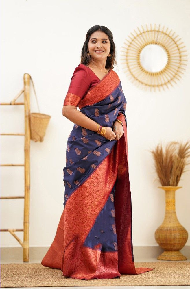 Navy Blue Soft Silk Saree With Fragrant Blouse Piece