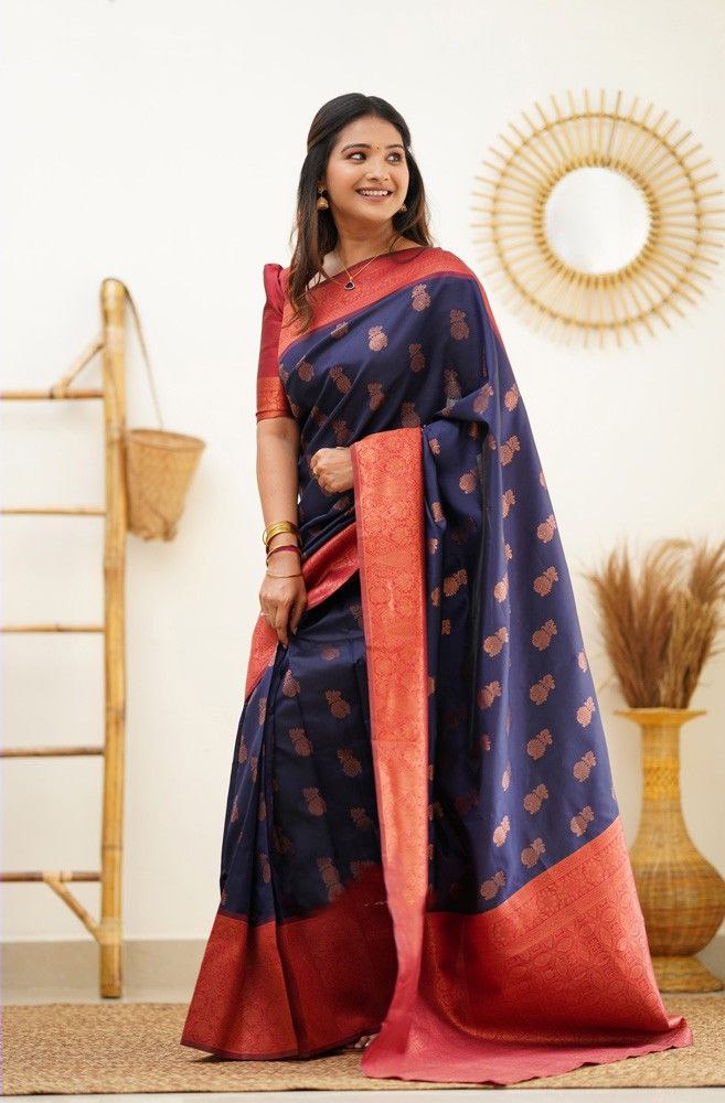 Navy Blue Soft Silk Saree With Fragrant Blouse Piece