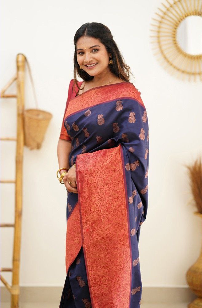 Navy Blue Soft Silk Saree With Fragrant Blouse Piece