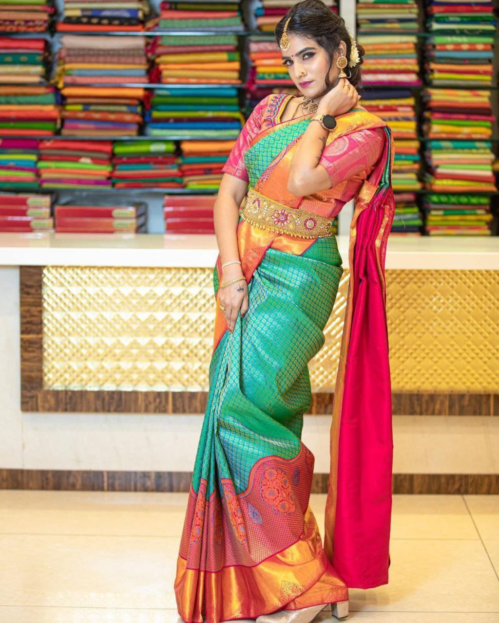 Rama Soft Silk Saree With Glittering Blouse Piece