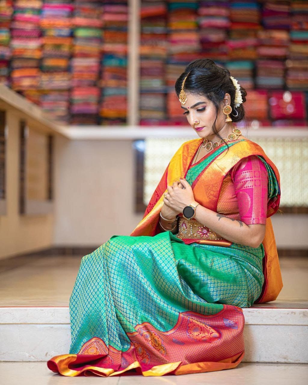 Rama Soft Silk Saree With Glittering Blouse Piece