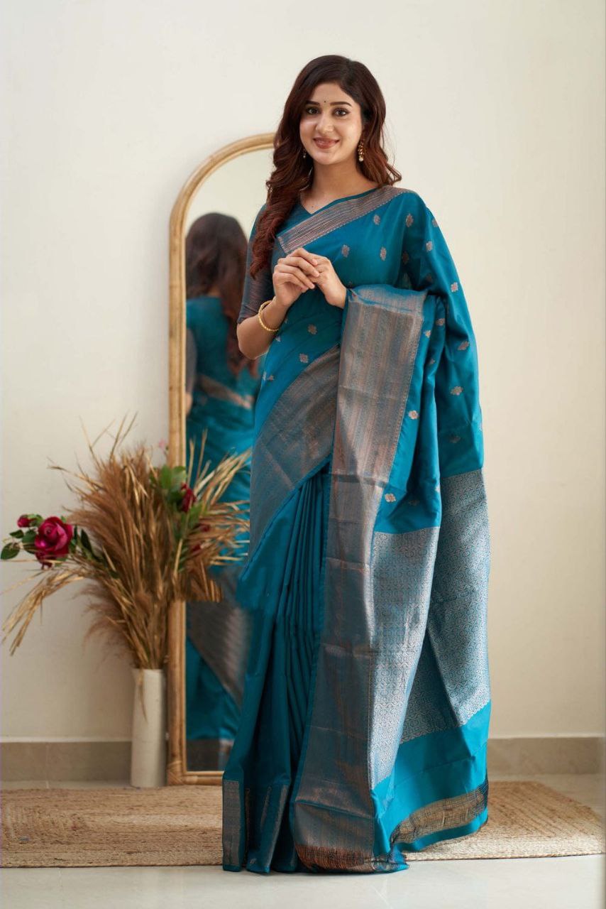 Firozi Soft Silk Saree With Surreptitious Blouse Piece