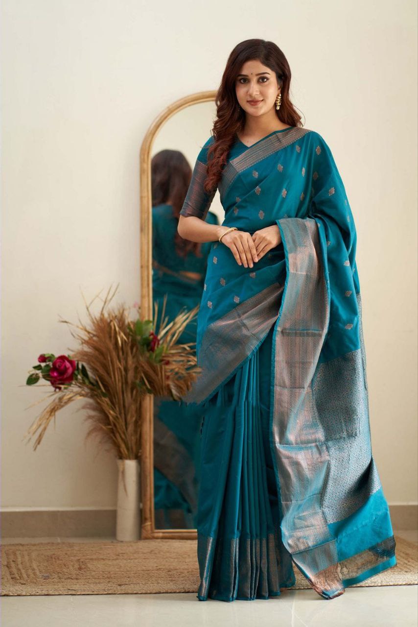 Firozi Soft Silk Saree With Surreptitious Blouse Piece