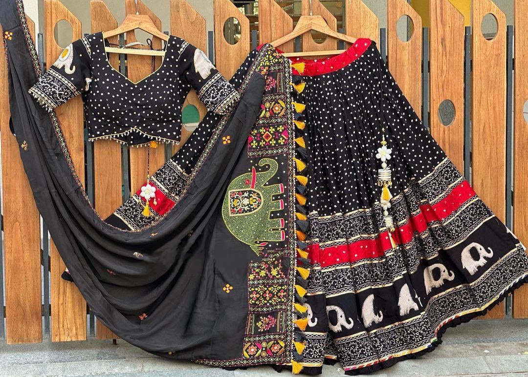 BLACK SILK LENGHA CHOLI WITH REAL MIRROR WORK AND ATTACHED BLACK DUPATTA