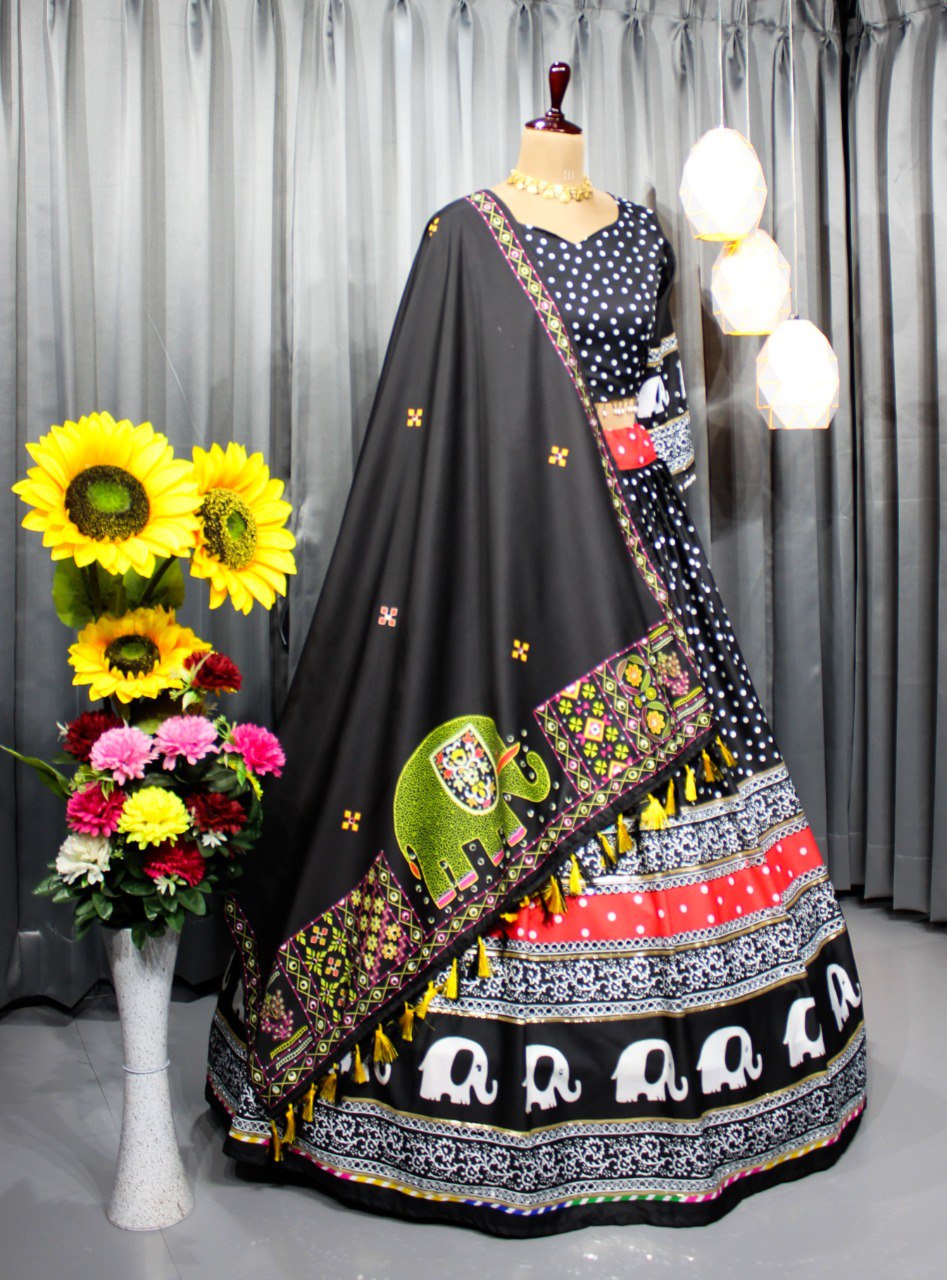 BLACK SILK LENGHA CHOLI WITH REAL MIRROR WORK AND ATTACHED BLACK DUPATTA