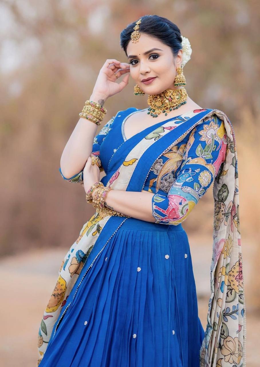 Blue  Kalamkari Printed Lehenga Choli