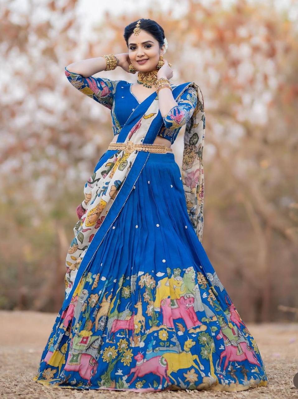 Blue  Kalamkari Printed Lehenga Choli