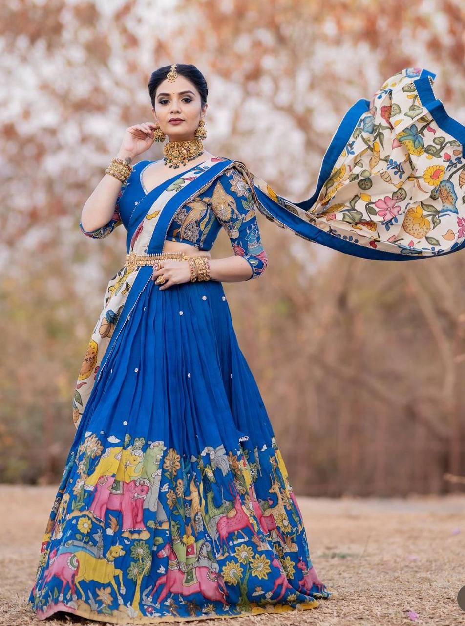 Blue  Kalamkari Printed Lehenga Choli