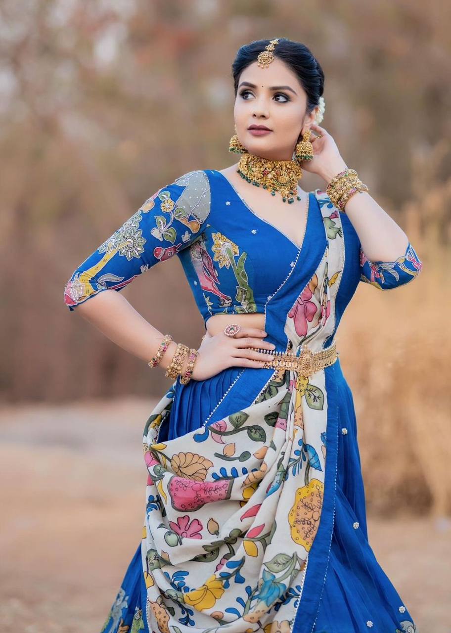 Blue  Kalamkari Printed Lehenga Choli