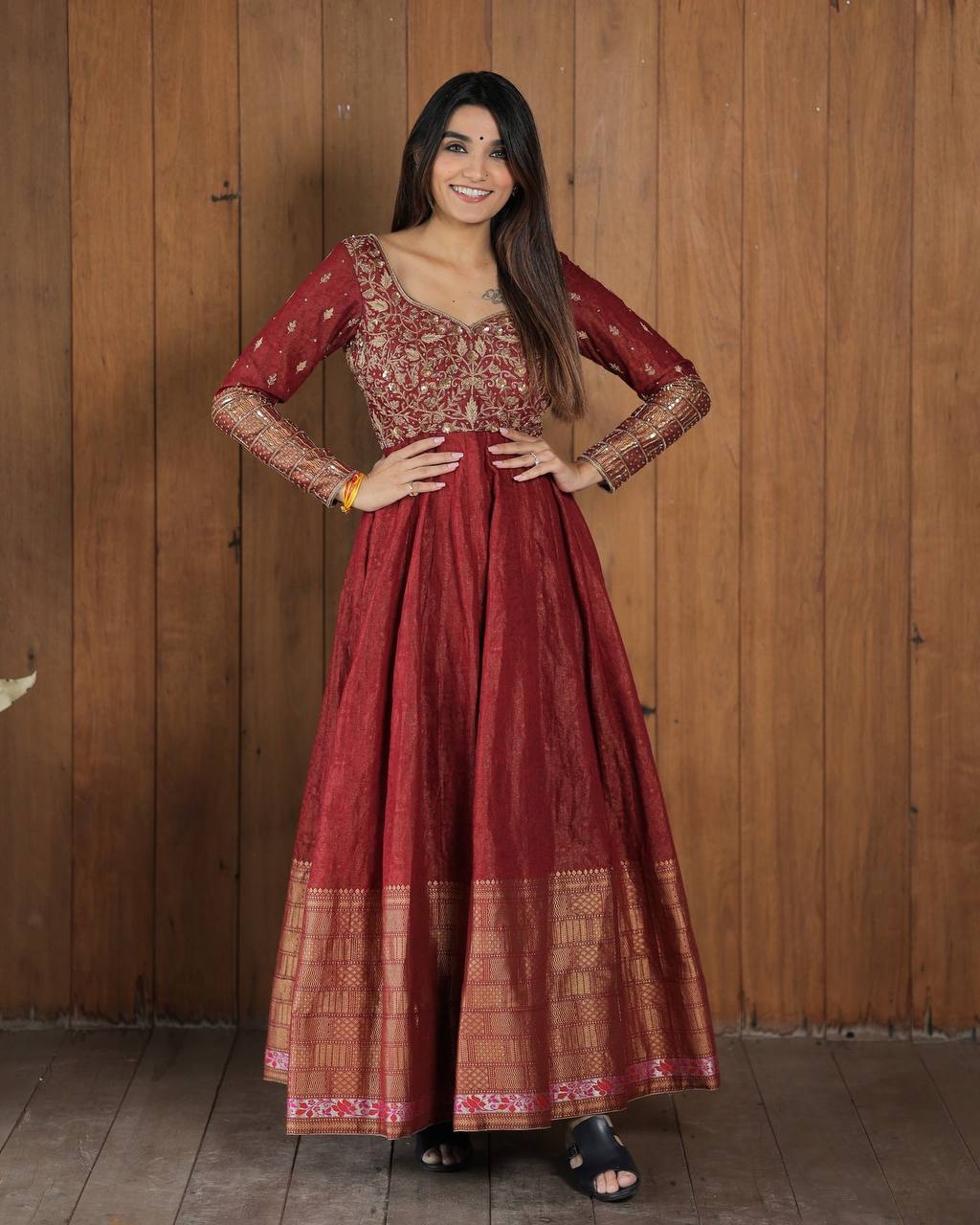 Red Embroidered Silk Gown Luxury with Micro Cotton Inner