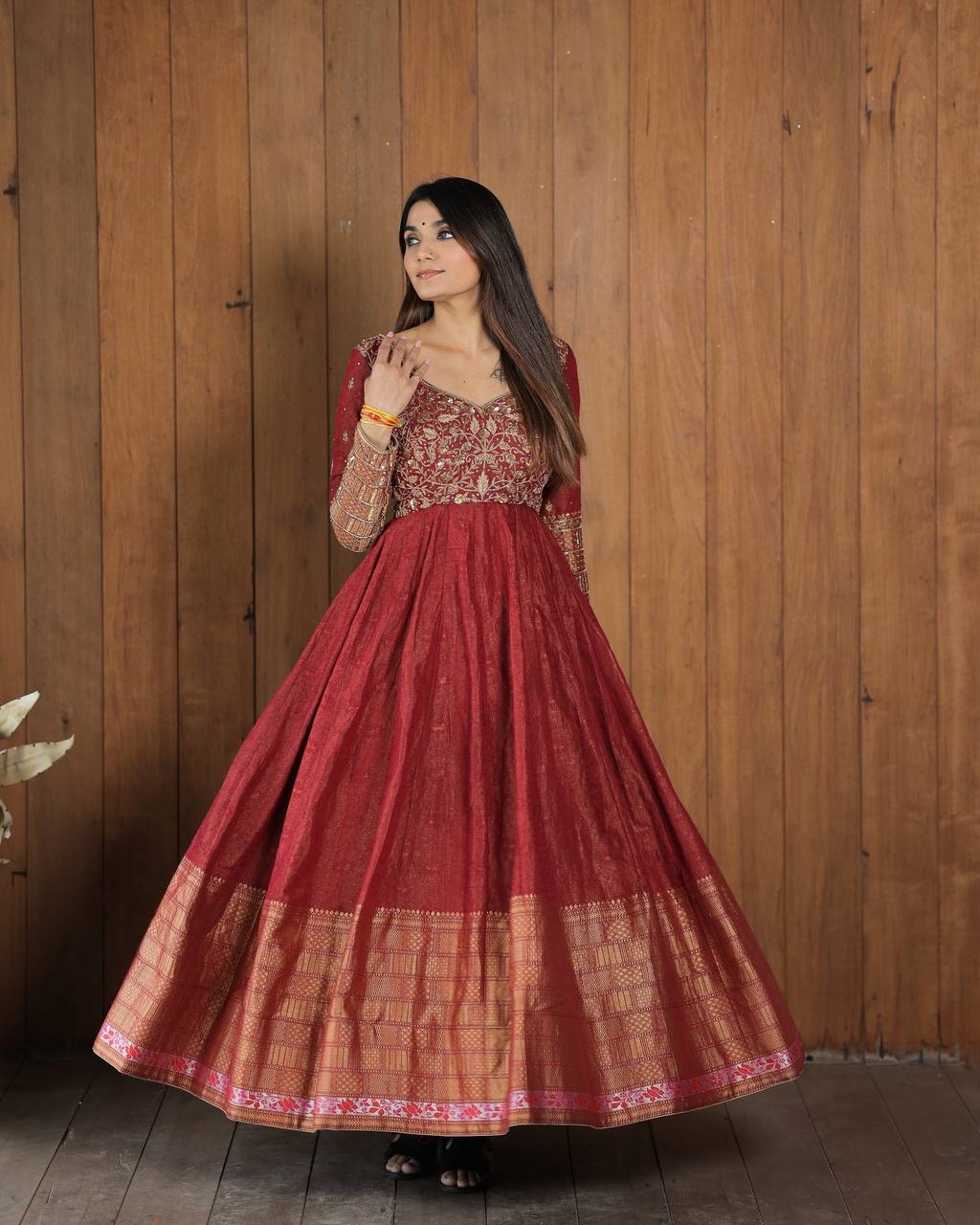 Red Embroidered Silk Gown Luxury with Micro Cotton Inner